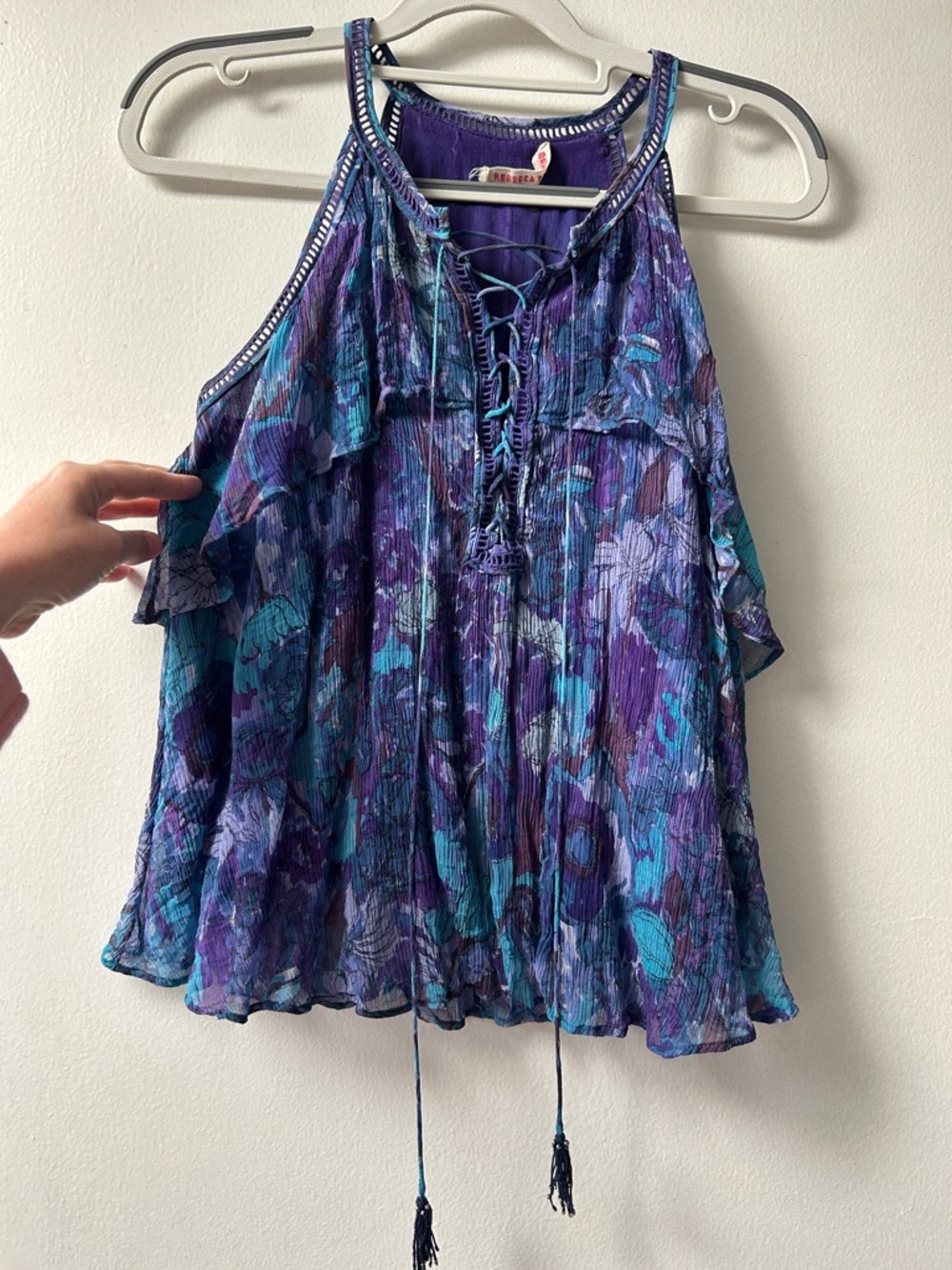 Rebecca Taylor 100% Silk Purple & Teal Floral Lace-Up Tank Top